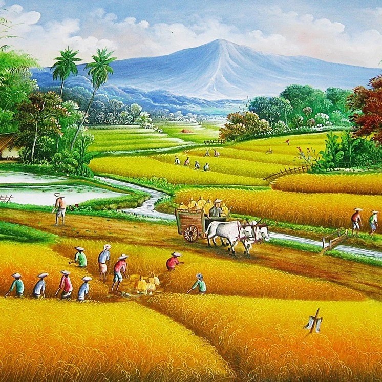 Lukisan Panen Raya Dengan Hamparan Sawah Yang Luas (Ukuran 145 x 80 cm)