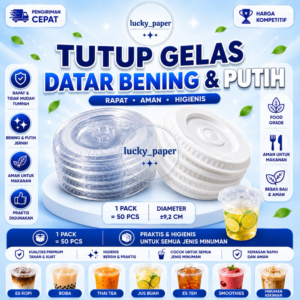 TUTUP GELAS DATAR BENING ISI 50 PCS BENING & PUTIH/TUTUP CUP GELAS PLASTIK/TUTUP GELAS PLASTIK BENIN
