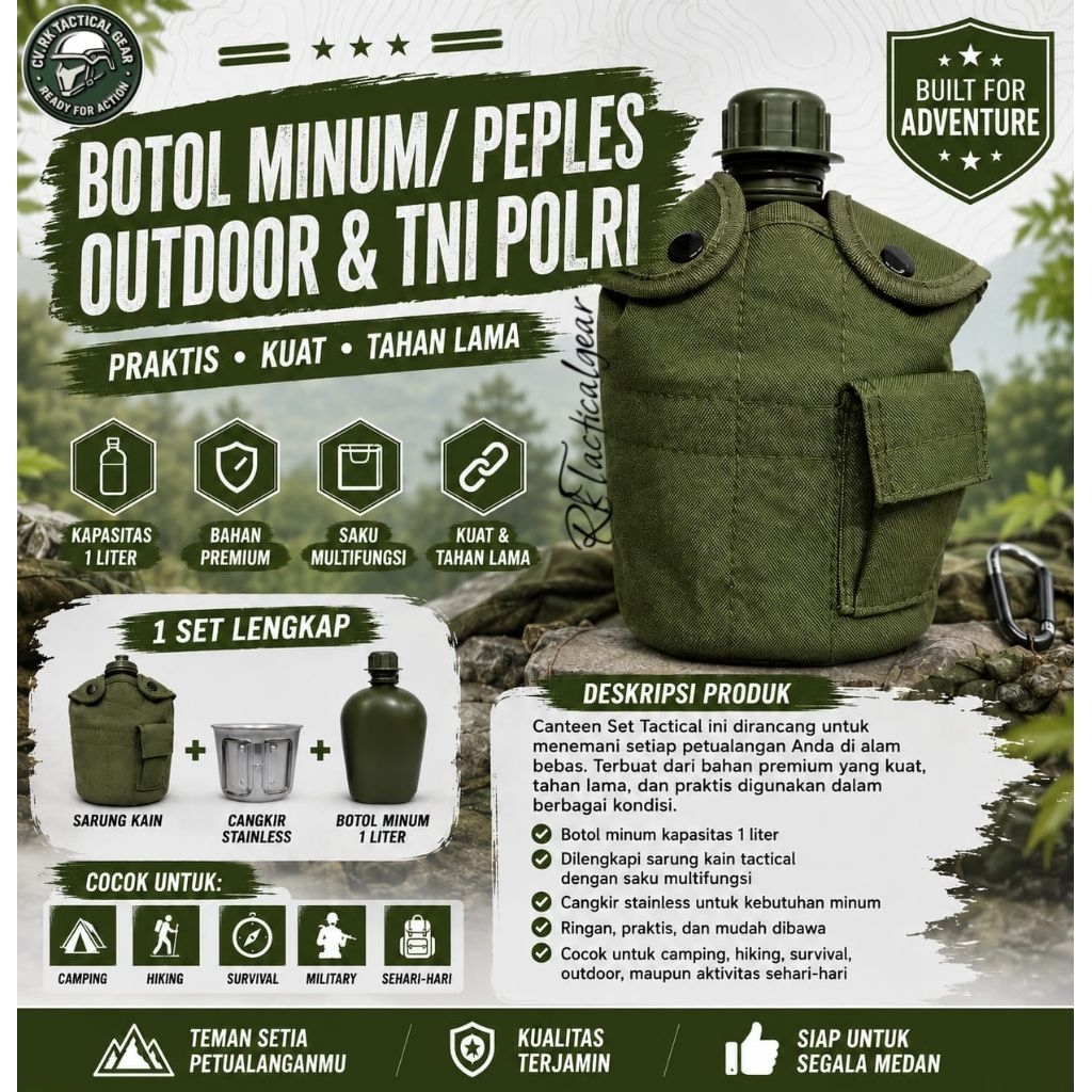 Veples Botol Air TNI Asli TNI AD AU AL Army 1 Liter + Cangkir Alumunium + Sarung Hijau  Militer  Ter