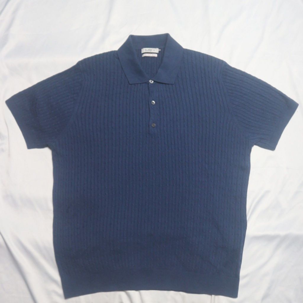 OLZEN Kerah Kepang Half Button Lengan Pendek Blue Biru ada minus noda Knitwear Sweater Sweatshirt Cr
