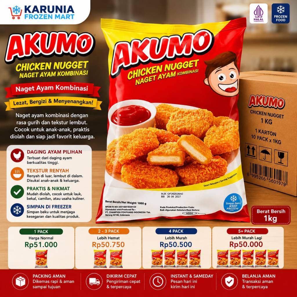 Akumo Chicken Nugget 1kg (1000g) Nugget Ayam Frozen | Ready Stock | Instan & Sameday | Karunia Froze