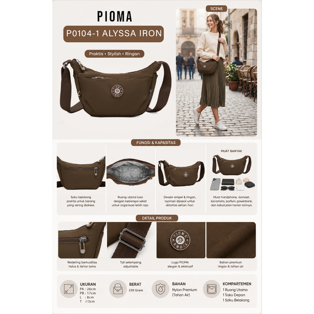OMIPABAGS PIOMA ALYSSA TAS SELEMPANG WANITA TAS PIOMA SELEMPANG BAHU PIOMA TAS NYLON PIOMA