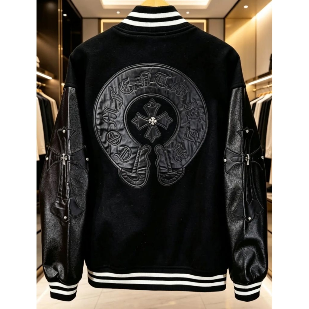 Varsity Blouson Kulit Chrome Hearts Classic Cross Metal
