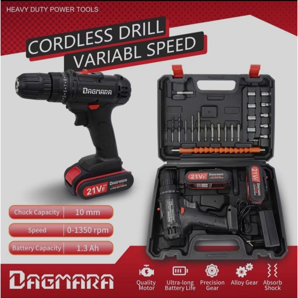 Bor Cordless Dagmara 21Volt 10mm Bor Baterai kayu Besi