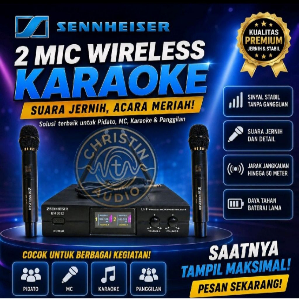 Sennhiser EM3032 / EM-3032 Mic Wireless Karaoke suara jernih stabil kualitas premium untuk Pidato,  