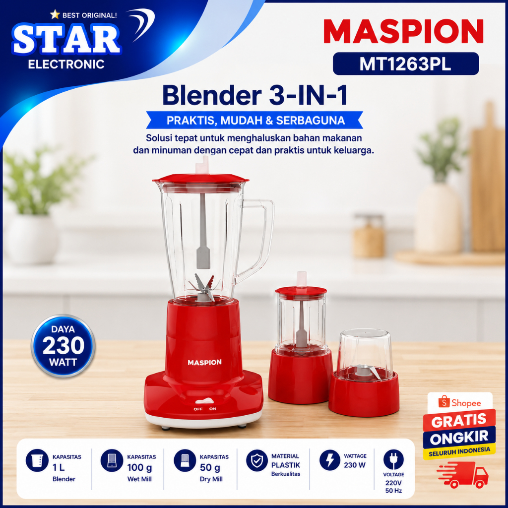BLENDER 3 IN 1 MASPION MT 1263 PL 1 Liter/MT1263PL 1Liter/MT-1263-PL-1Liter/MT 1263 PL 1L/ORIGINAL