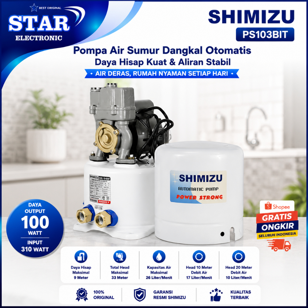 SHIMIZU Pompa Air PS103BIT/PS-103BIT/PS 103BIT/ Sumur Dangkal Otomatis 100 Watt/Shimizu PS103BIT