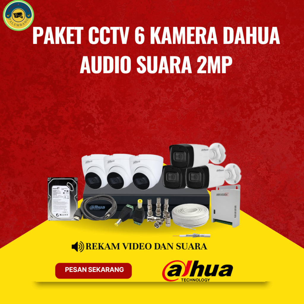 Paket CCTV 6 Kamera Dahua 2MP Audio Suara Putih Hitam Rekam Video Dan Suara