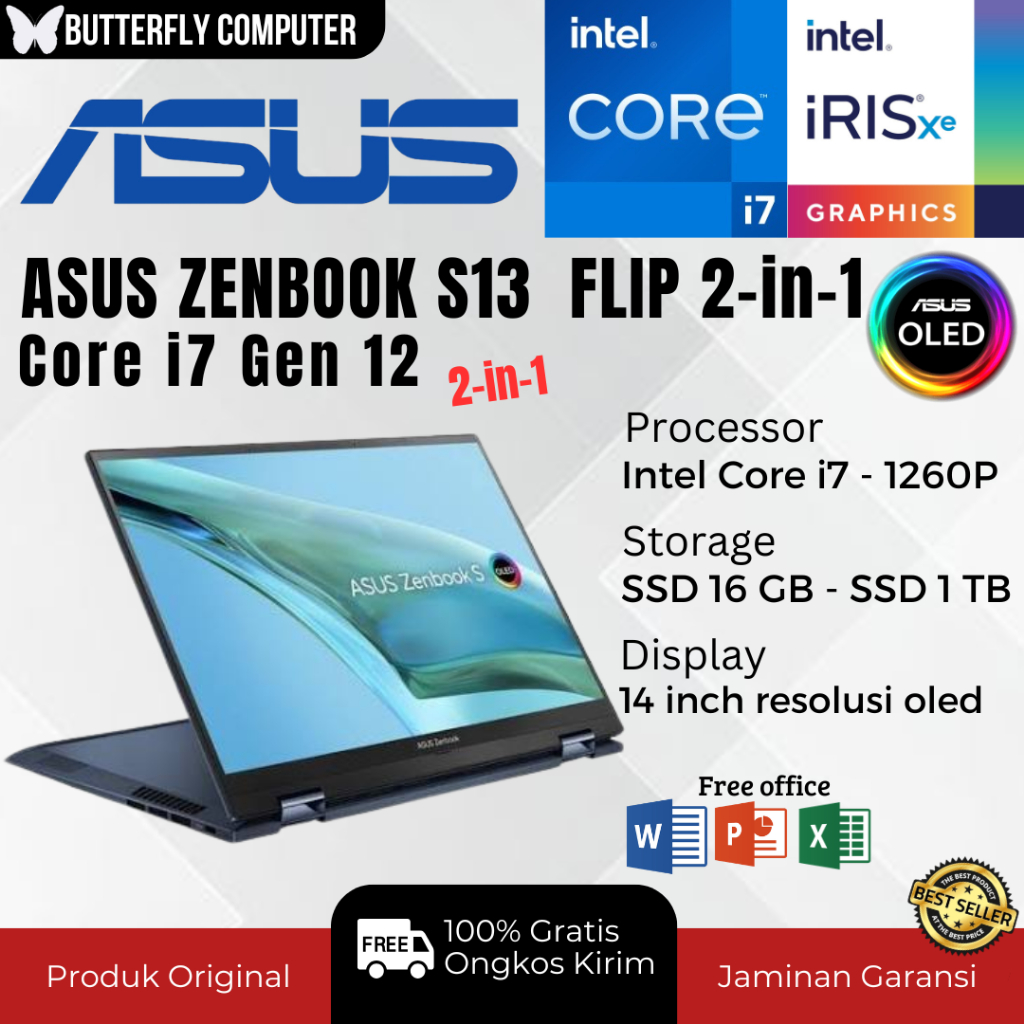 Laptop ASUS ZenBook S13 FLIP 2-in-1 OLED Core i7 Gen 12 - RAM 16GB SSD 1TB - 14 Inch - Touchscreen -