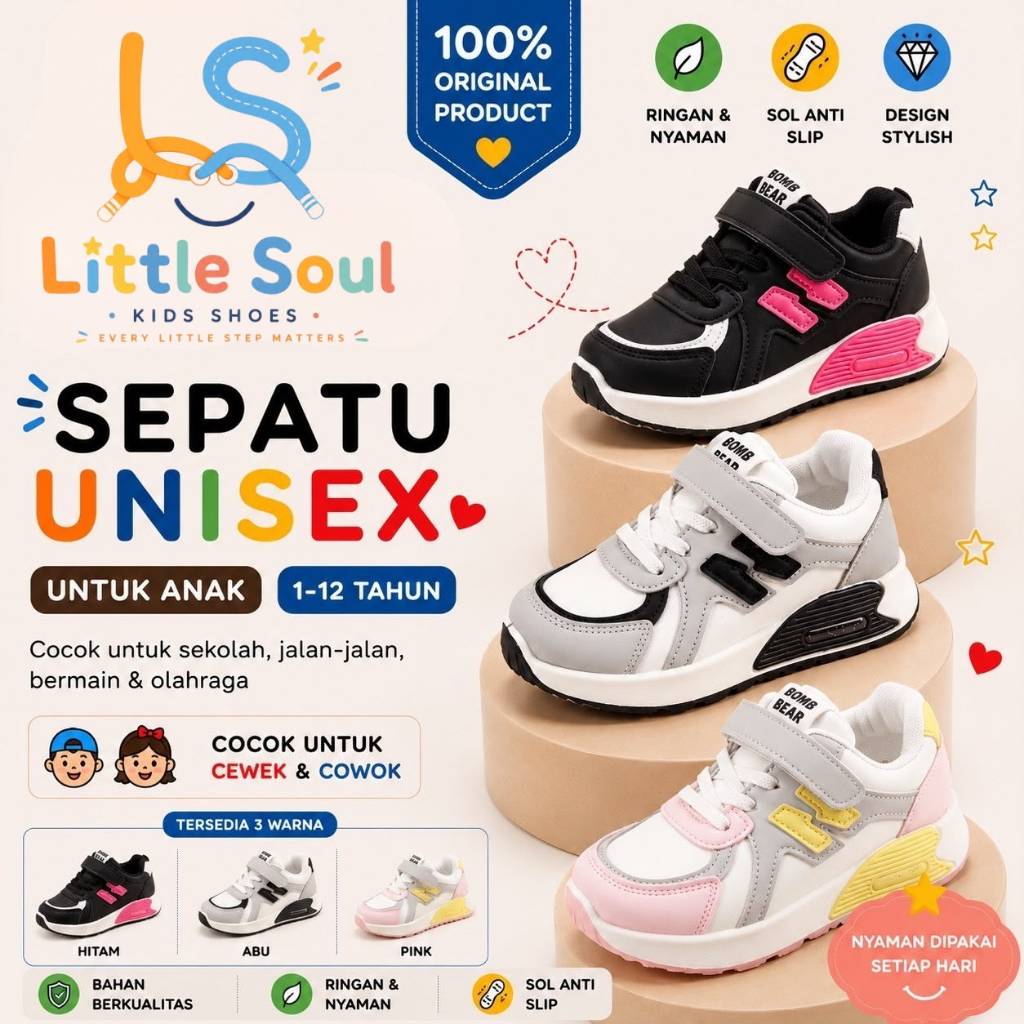 PROMO 9.9 Little Soul - Sepatu Anak Perempuan Lucu Umur 3-12 Tahun | Sneakers Sport Sekolah PAUD TK 