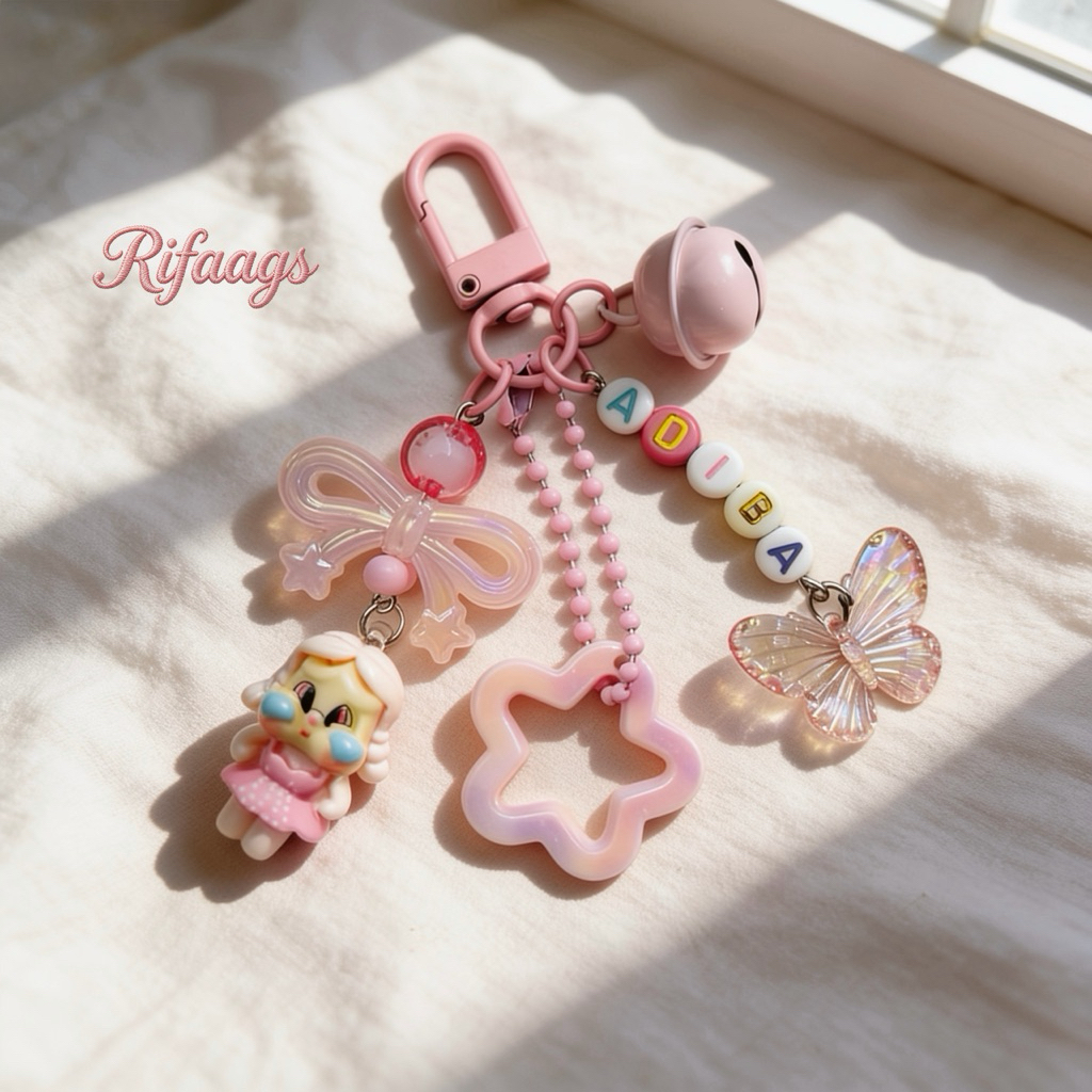 Gantungan Tas Custom Nama Bag Charm Keychain Akrilik dengan Hiasan Kupu-kupu dan Boneka Lucu