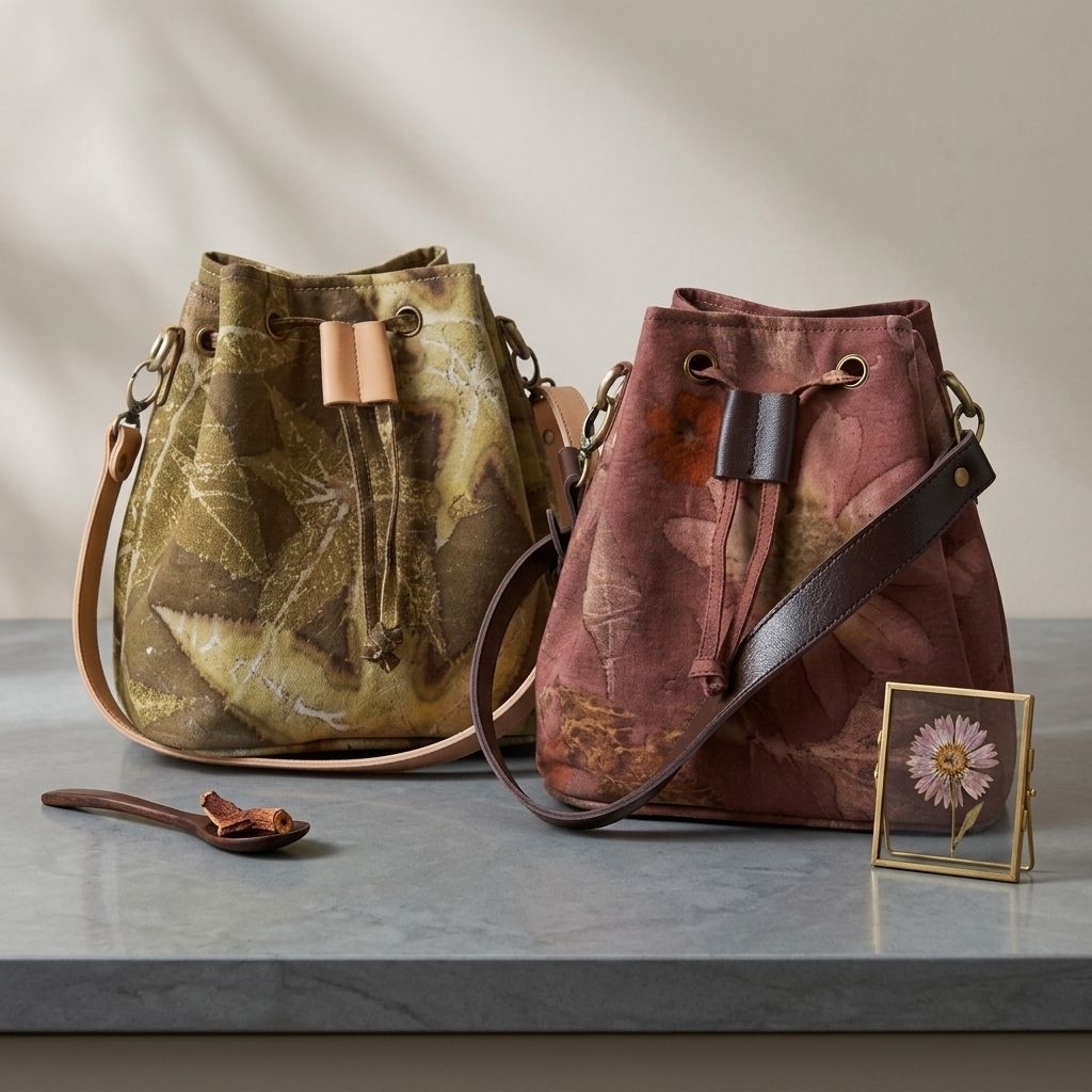 tas serut bucket bag kanvas ecoprint batik cetak daun asli