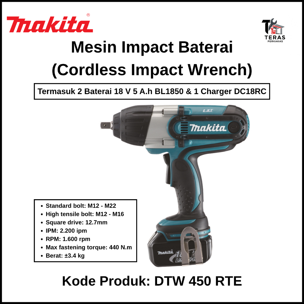 MAKITA [Termasuk Baterai & Charger] Mesin Impact Baterai (Cordless Impact Wrench) Makita DTW 450 RTE