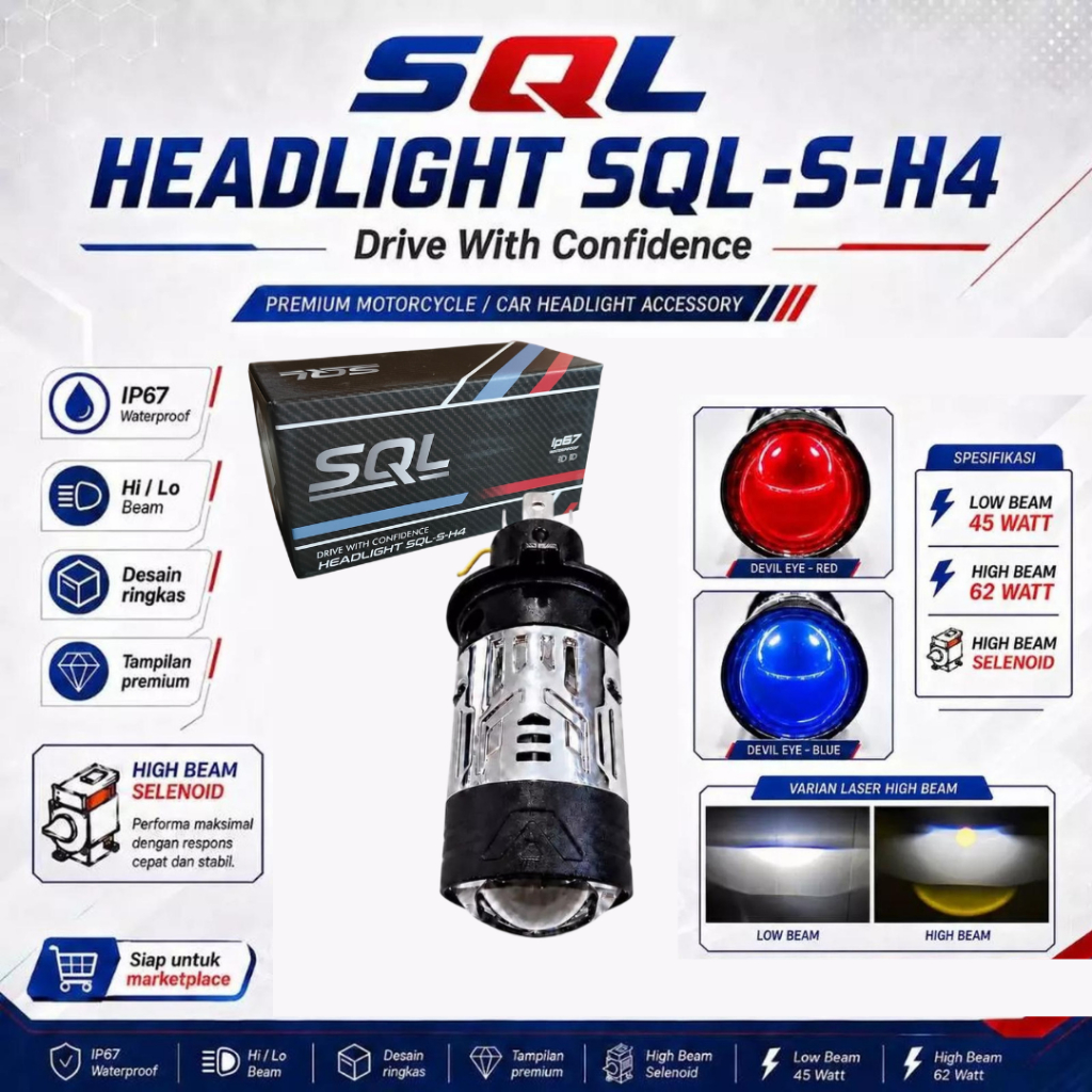 Lampu Mini Biled H4 SQL-S-H4 SQL TIPE S H4 High Beam Selenoid Devil Eye 62 Watt Headlight SQL BY AES