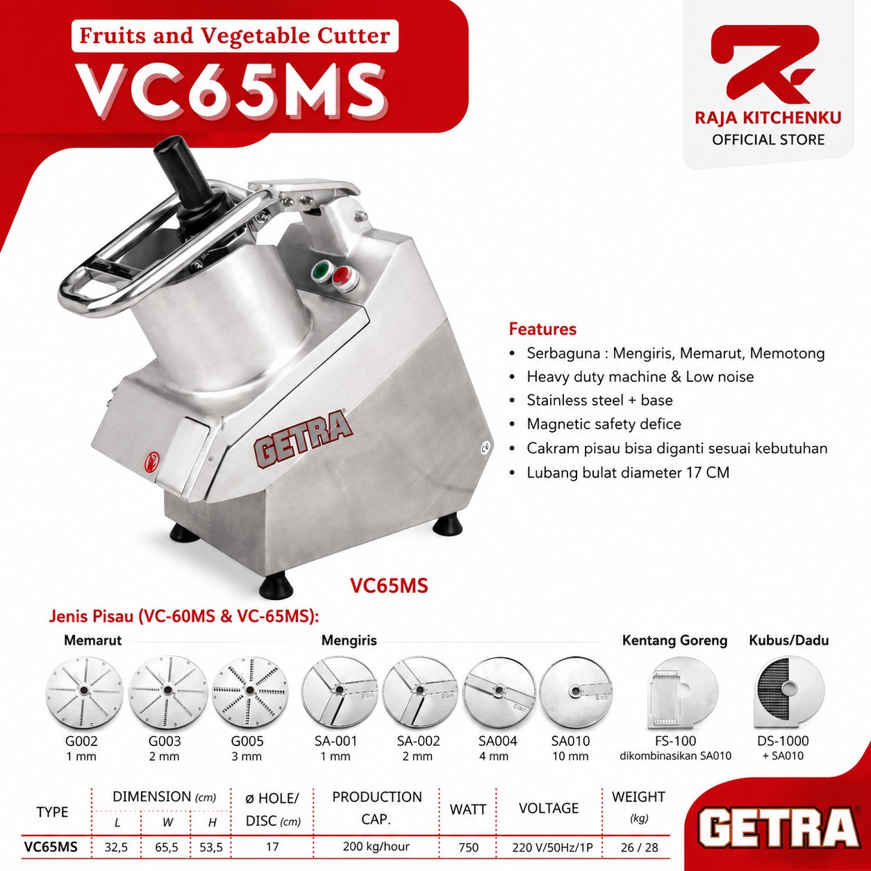 GETRA Fruits and Vegetable Cutter Circular Hopper VC-65MS / VC 65MS / VC65MS/BERGARANSI RESMI
