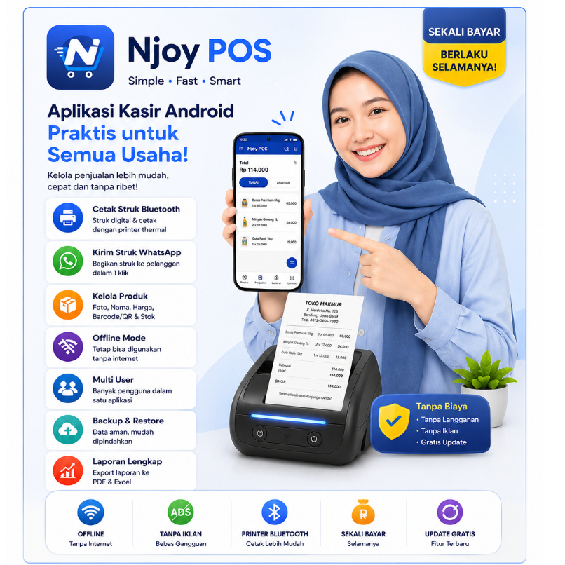 Njoy Pos - Aplikasi Kasir Android Offline | Support Printer Bluetooth | Sekali Bayar Lifetime