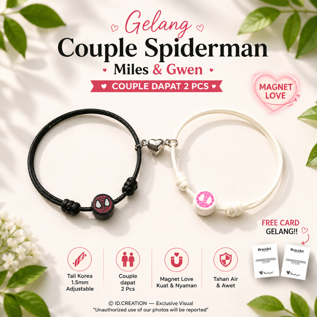 Gelang Couple Spiderman Miles Gwen - Tali Korea 1.5mm Magnet Love Adjustable (2 Pcs)