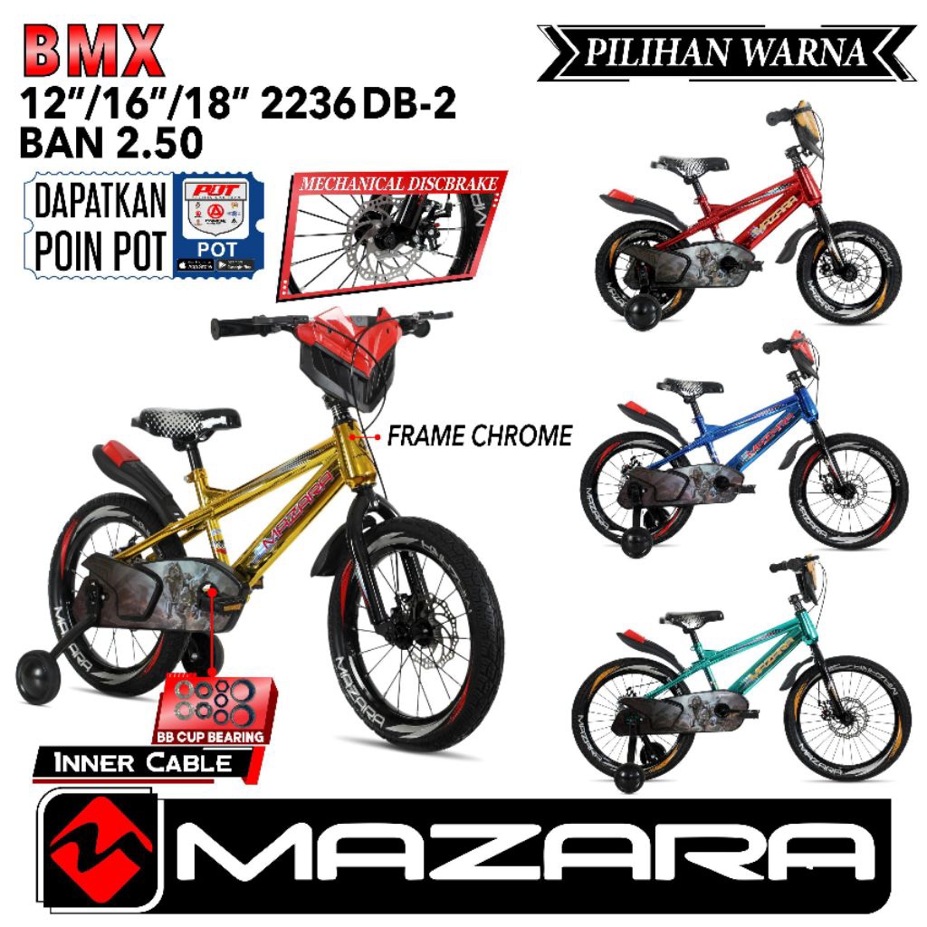 SEPEDA ANAK BMX 12 16 INCH MAZARA 2236 FRAME CROME DISC BRAKE BONUS BELL