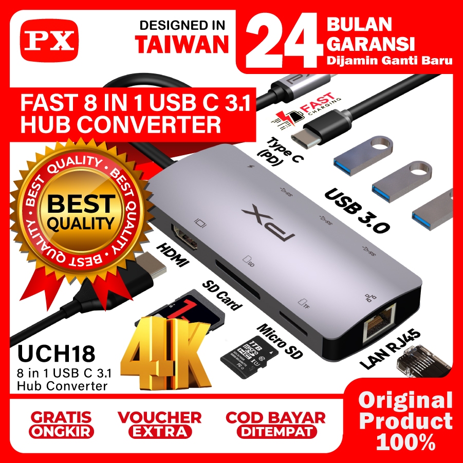 Type C to HDMI USB LAN Converter Hub iOS Android Windows 8in1 PX UCH18