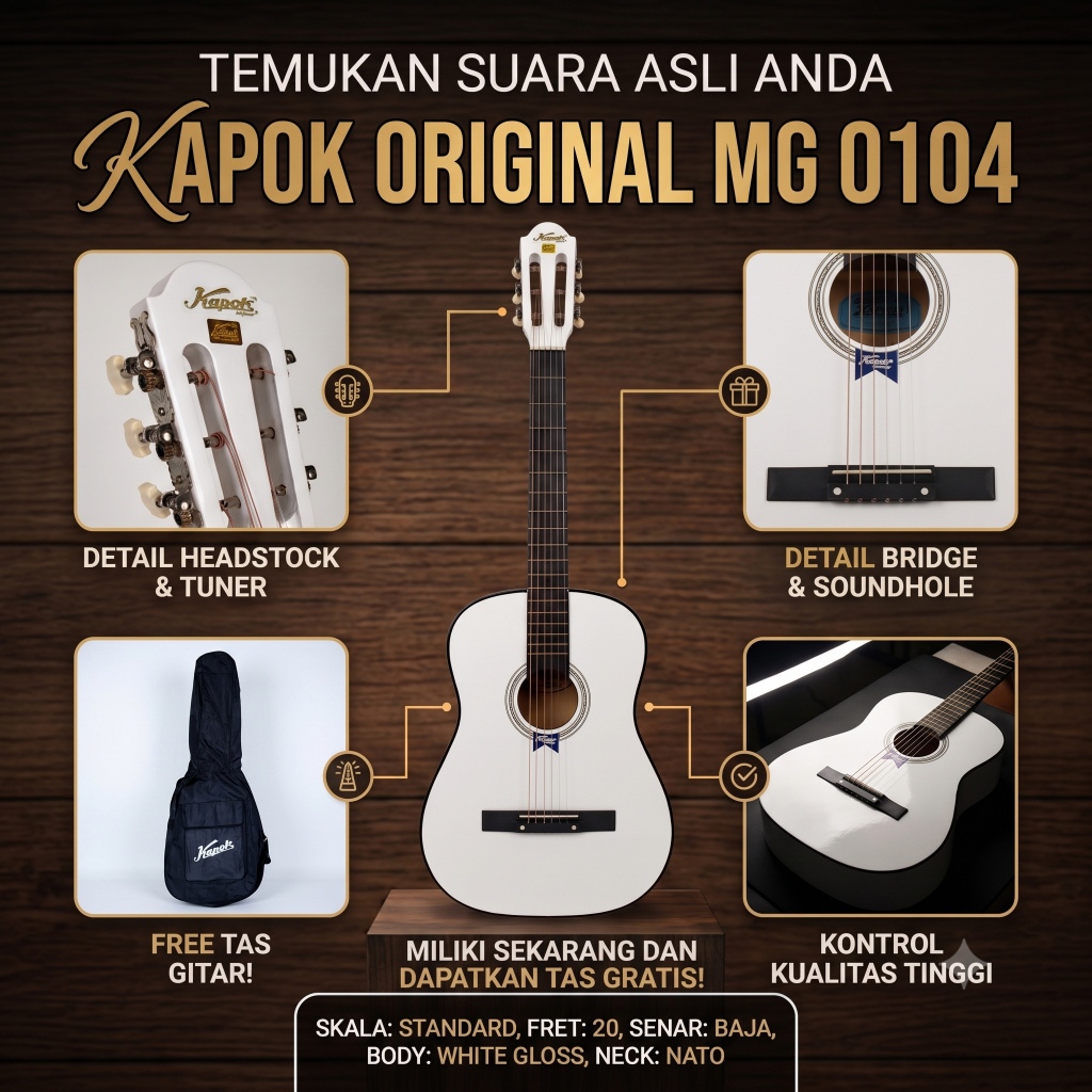 Gitar Akustik Kapok Original MG 0104 Warna Putih Gloss Free Tas Gitar - Gitar Pemula & Professional