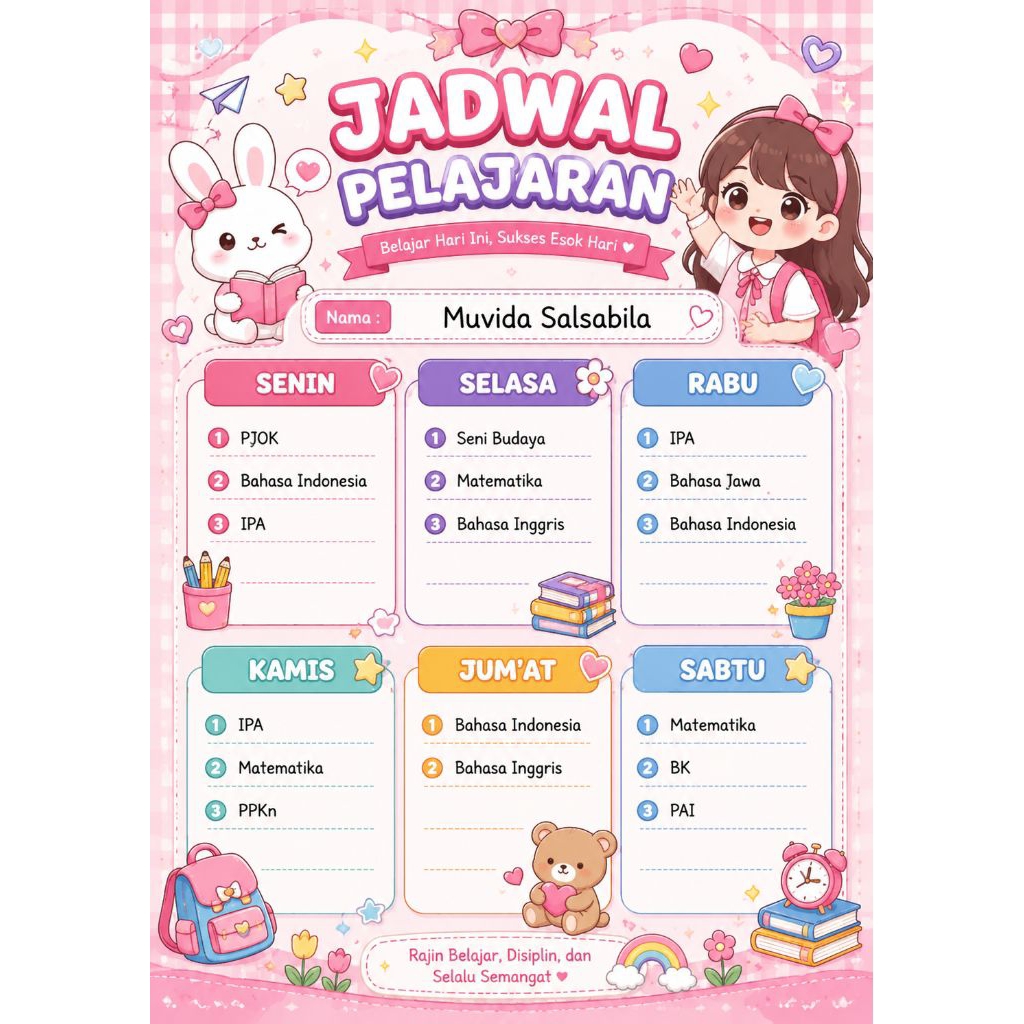 Cetak Jadwal Pelajaran Custom A4/F4 | Full Color | Nama & Jadwal Sesuai Pesanan | Kertas Foto Glossy
