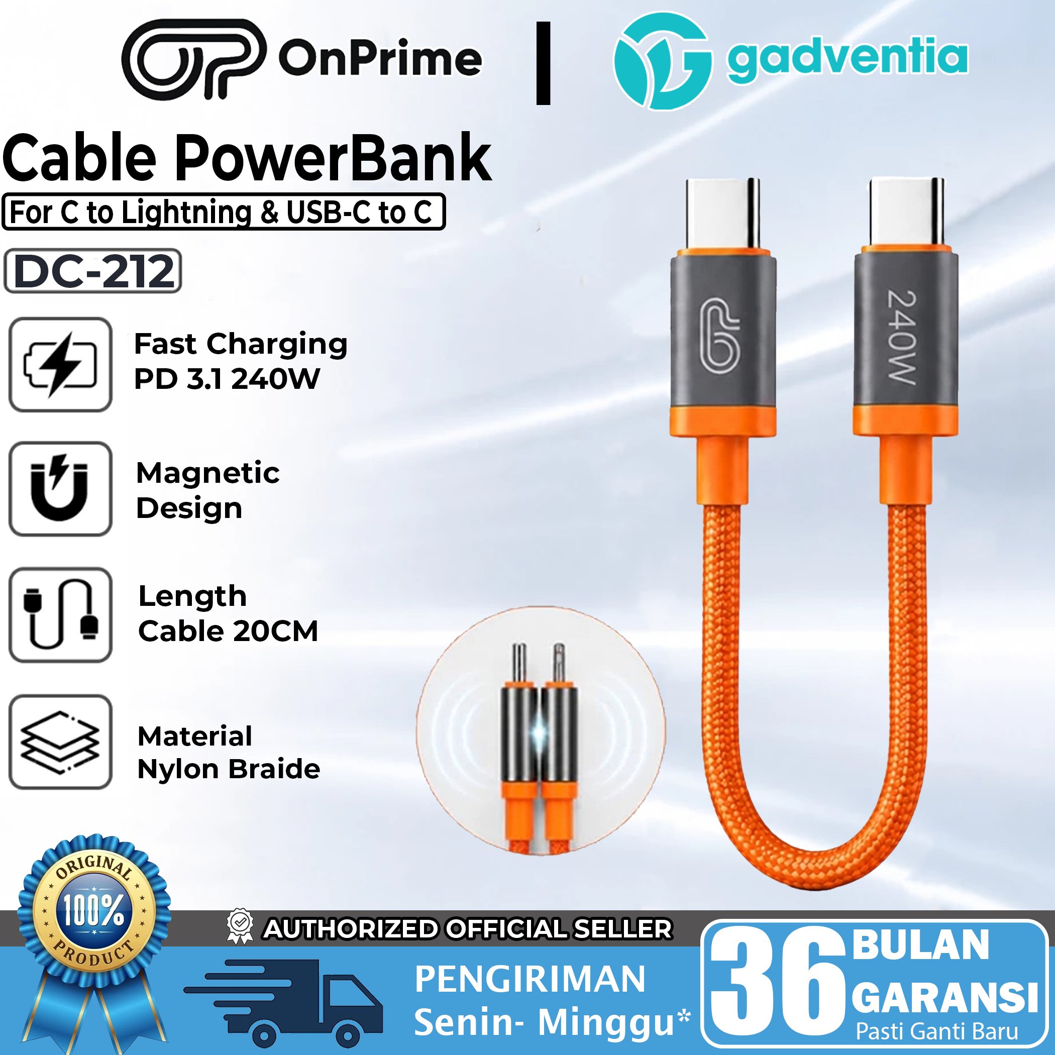 ONPRIME Kabel Pendek Powerbank Magnetic Type C to C & Type C to Lightning 20CM For iPhone Android