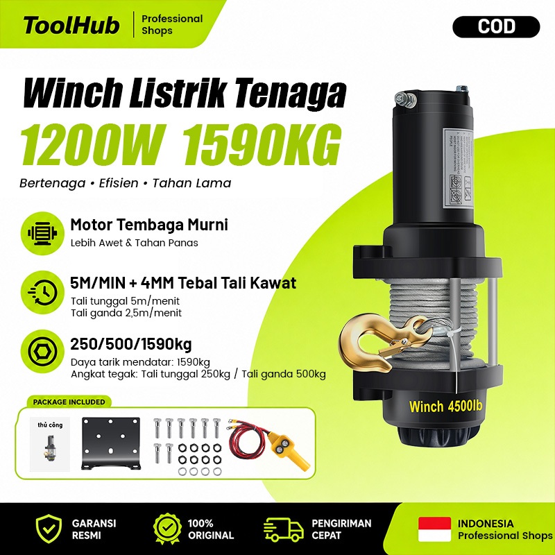ToolHub Winch Listrik Tenaga 1200W Winch Mobil Offroad 1590KG Remote Control Motor Tembaga Murni, 5M