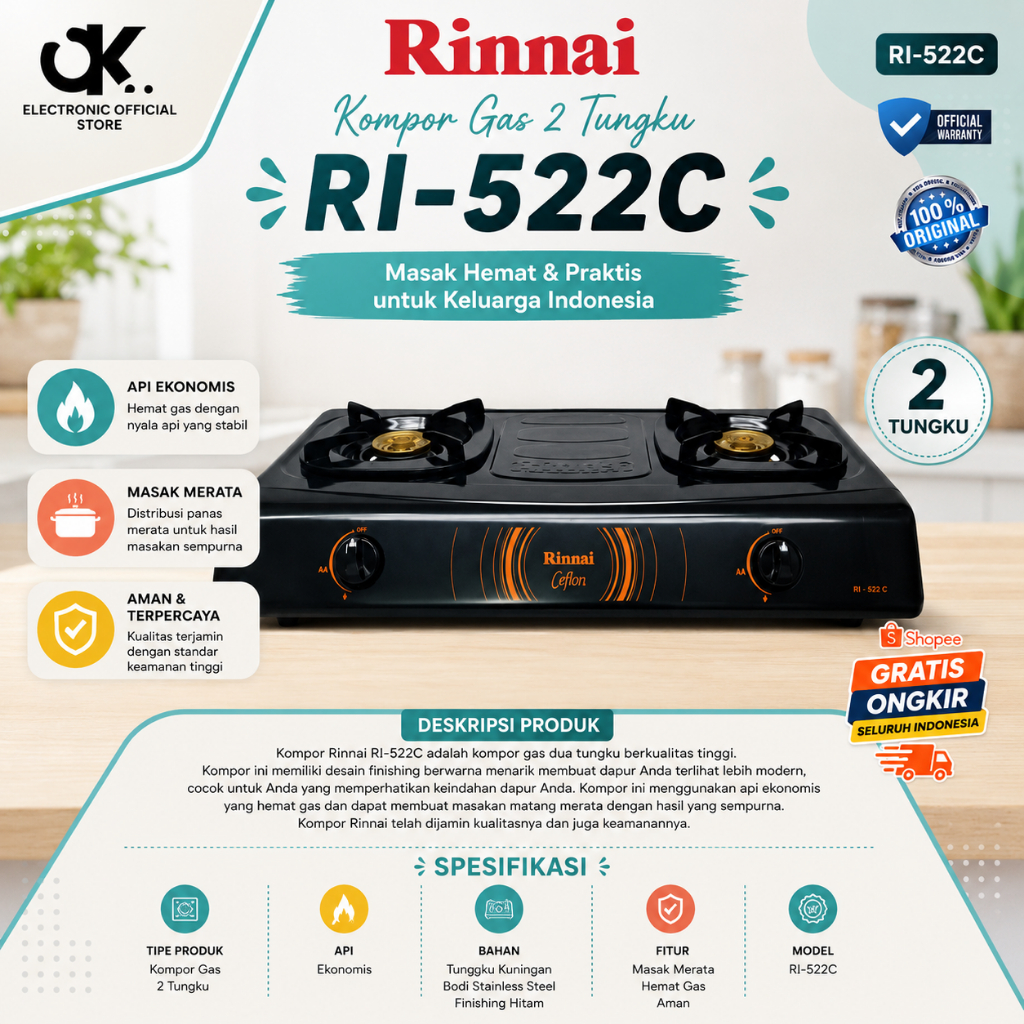 RINNAI KOMPOR GAS 2 TUNGKU RI 522 C KOMPOR RINNAI/RI-522C/RI522C/RI522/KOMPOR ORIGINAL RINNAI
