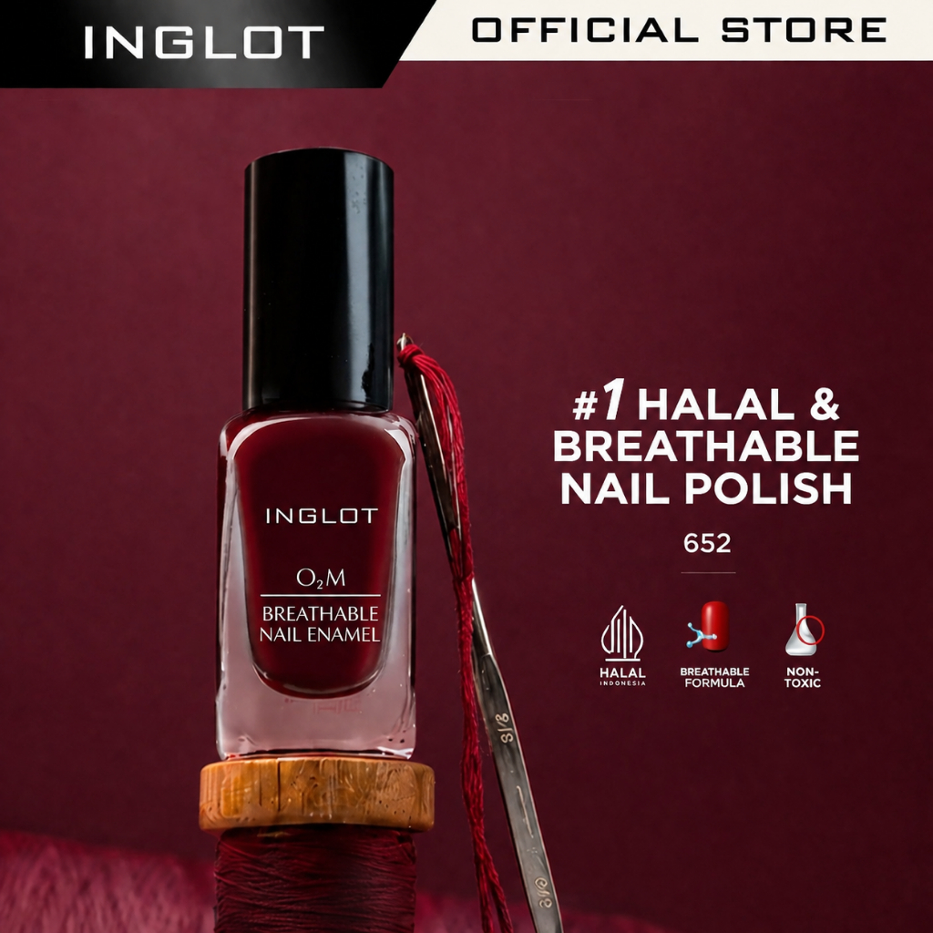 INGLOT O2M Breathable Nail Enamel 652 - Kutek/Nail Polish - Wine Red Maroon Halal, Tahan Lama, Breat