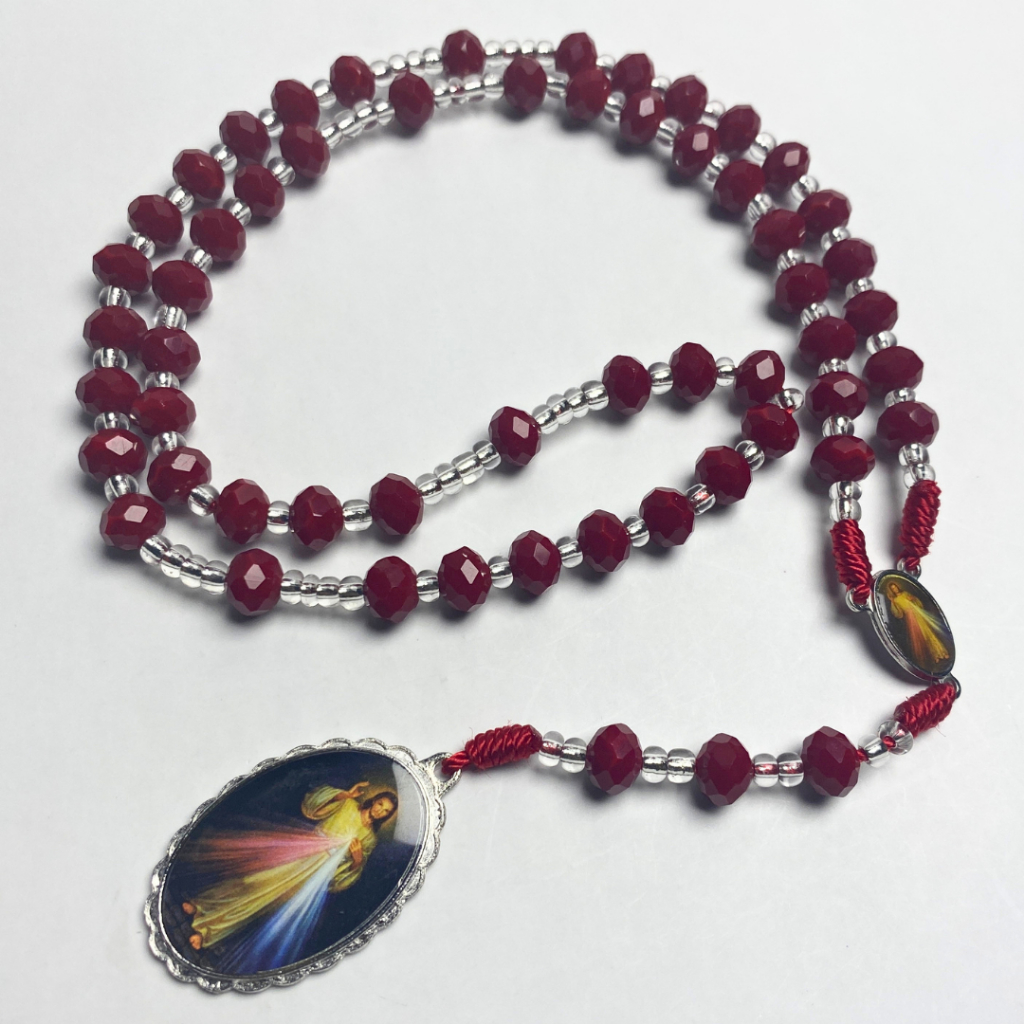 Kalung Rosario Kerahiman Ilahi Kristal Ceko Merah Premium - Rosario Koronka Desain Elegan