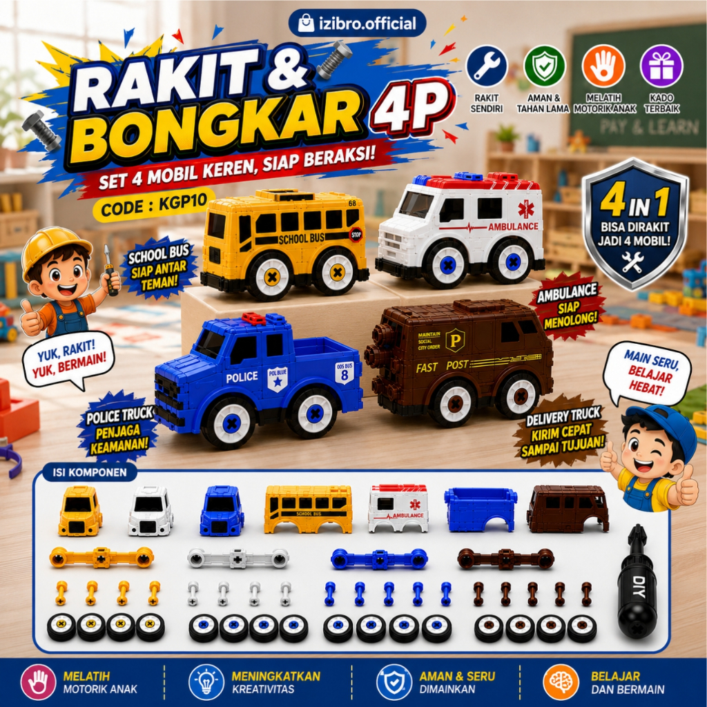 IZIBRO - MAINAN ANAK TRUCK DIY ASEMBLY 1PC MAINAN EDUKASI DIY TRUCK BONGKAR PASANG X202 - PEMADAM FI