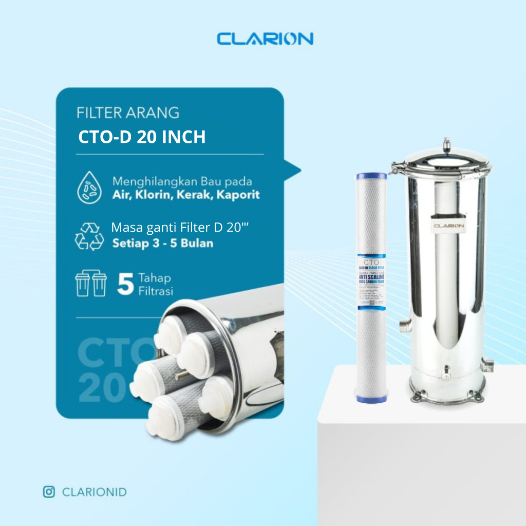 CLARION Filter air Housing 5 stages CTO-D 20"- include filter- menghilangkan bau,klorin,kaporit dan 