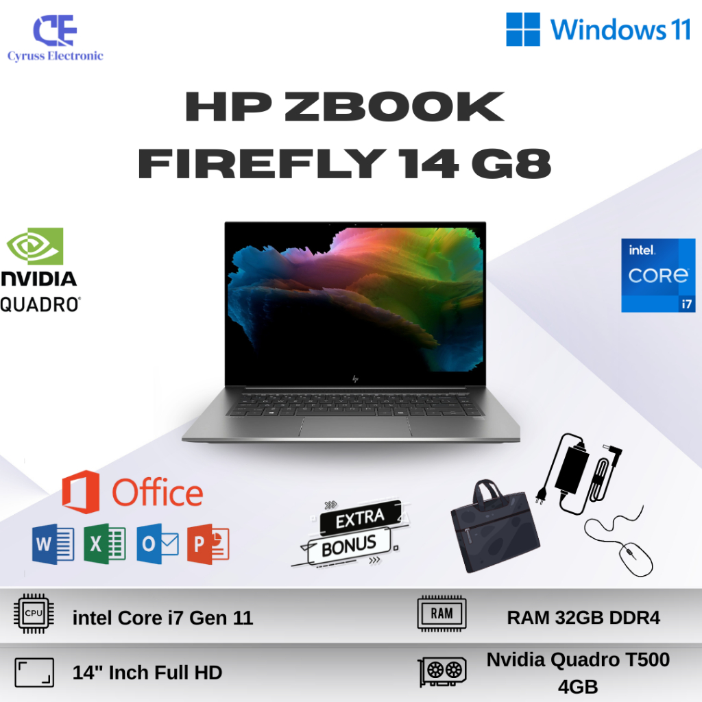 Laptop Workstation HP Zbook Firefly 14 G8 i7 Gen 11 RAM 16GB 14" inch Nvidia QUADRO T500 4GB Second