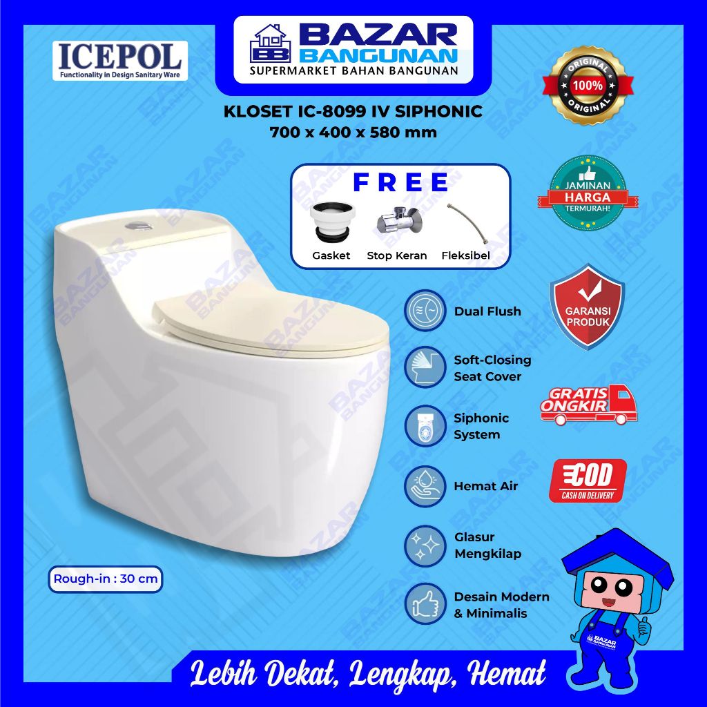 Icepol - Closet Kloset Toilet Duduk IC 8099 IV Ivory One Piece Dual Flush Soft Close Siphonic AS 30 