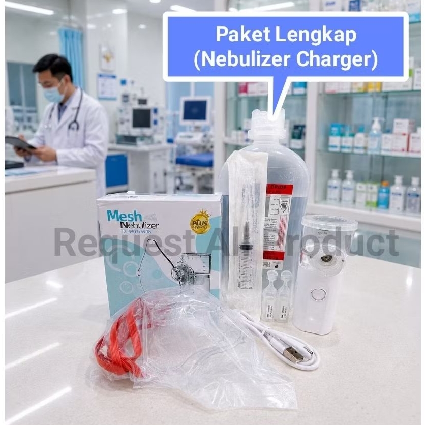 Nebulizer Portable (Charger) Paket Lengkap Nacl 500ml Air Obat (2pcs) Alat Bantu Pernapasan Portable
