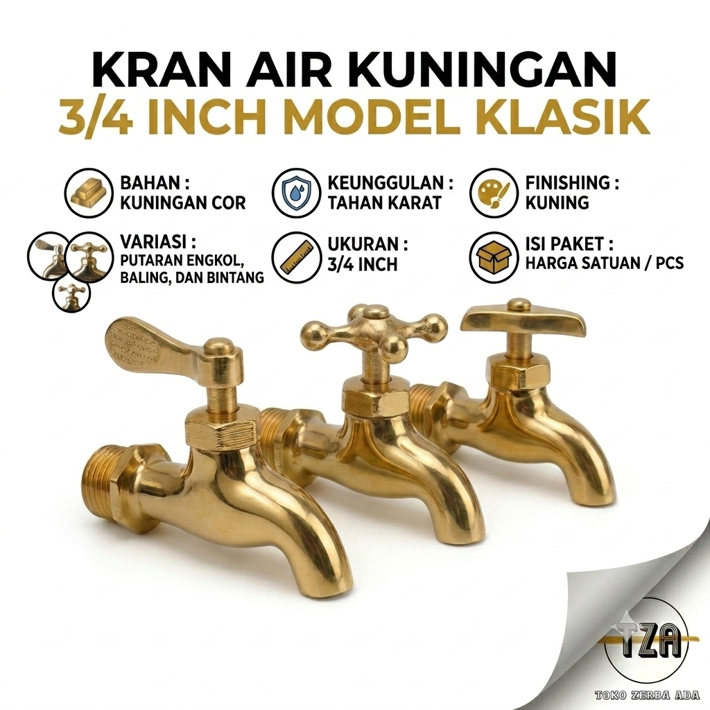 Kran Air Kuningan 3/4 inch Model Klasik Warna Kuning 1 Pcs