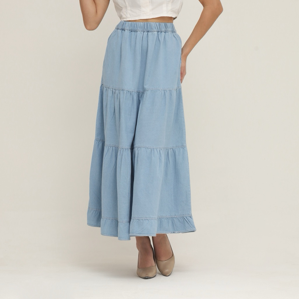 Rok Jeans Wanita Ruffle-Rok Ruffle Basic Skirt Denim-Rok Ruffle Denim Wanita