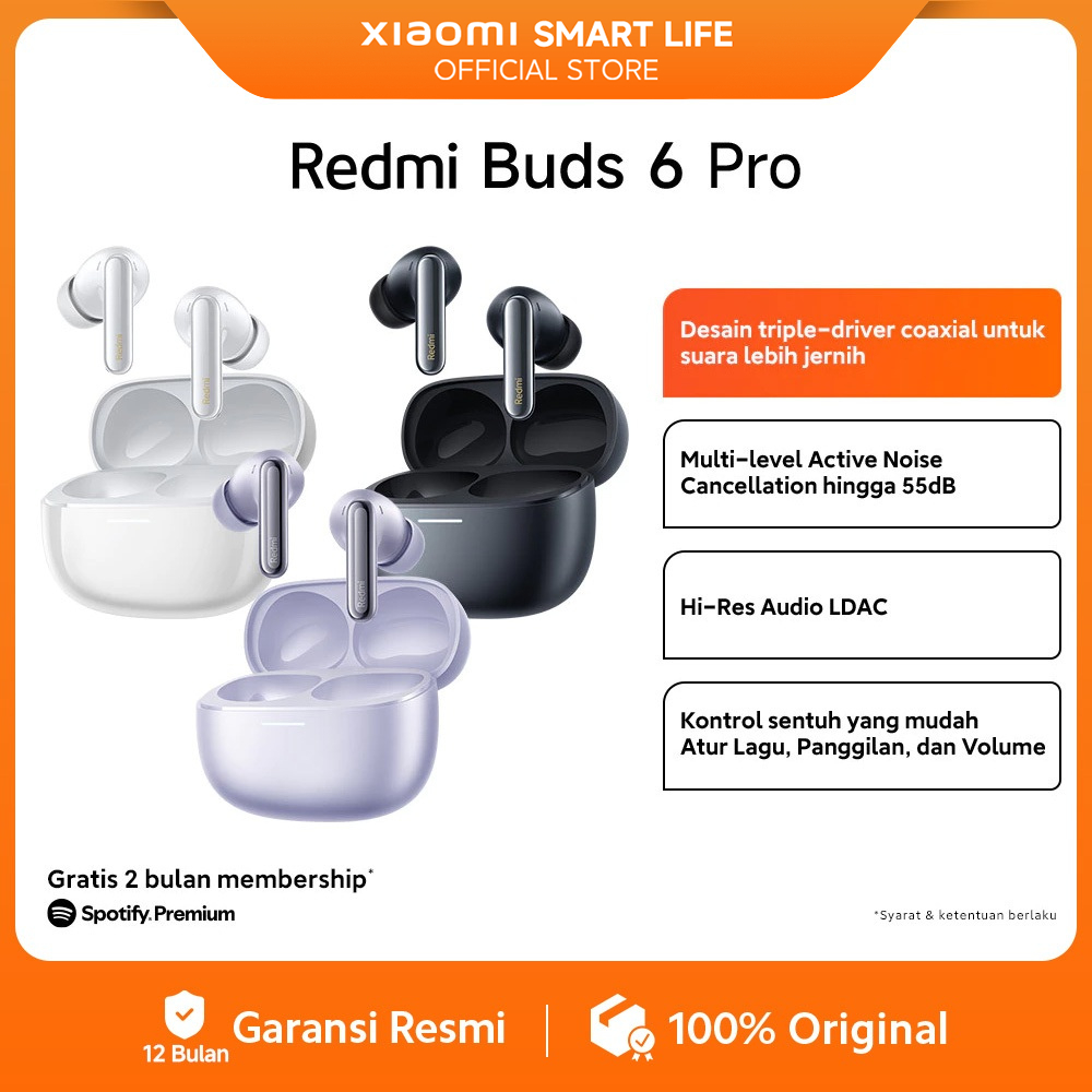 Xiaomi Redmi Buds 6 Pro | Audio resolusi tinggi LDAC | Peredam kebisingan 55 dB | Peredam kebisingan