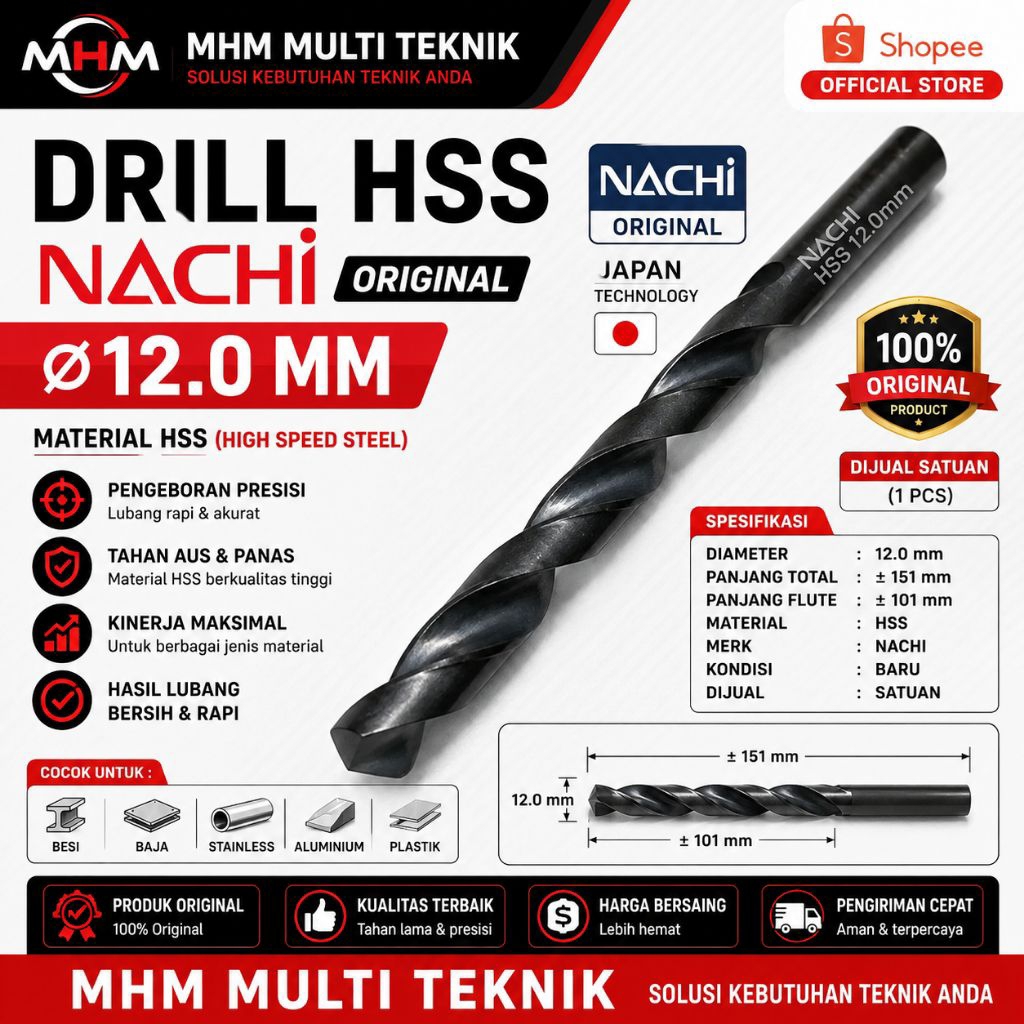 Mata Bor 12mm NACHI Original Japan – HSS Twist Drill 12mm – Baru dan Bekas Layak Pakai