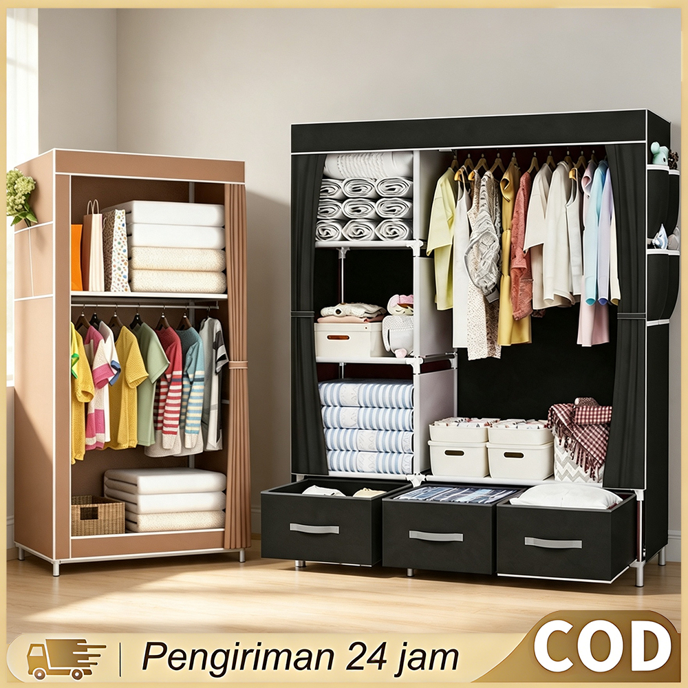 Lemari Baju Ritsleting Kain Lemari Pakaian Anti Debu Multifungsi Hemat Ruang Cocok Untuk Rumah Sewa