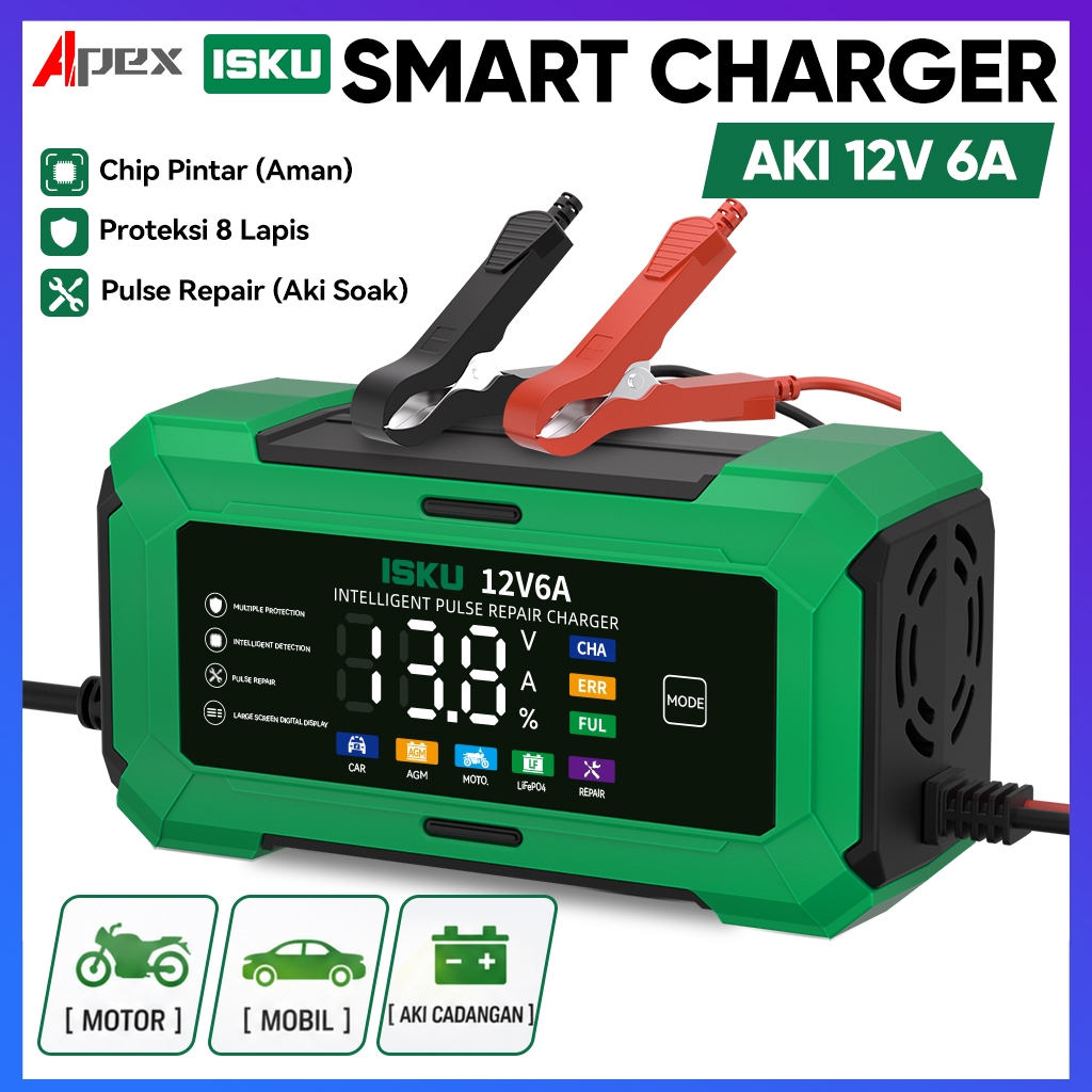 ISKU Pengecas Baterai Mobil Motor 12V 6A Alat Setrum Aki Kering Basah AGM Gel Cerdas Layar Digital L