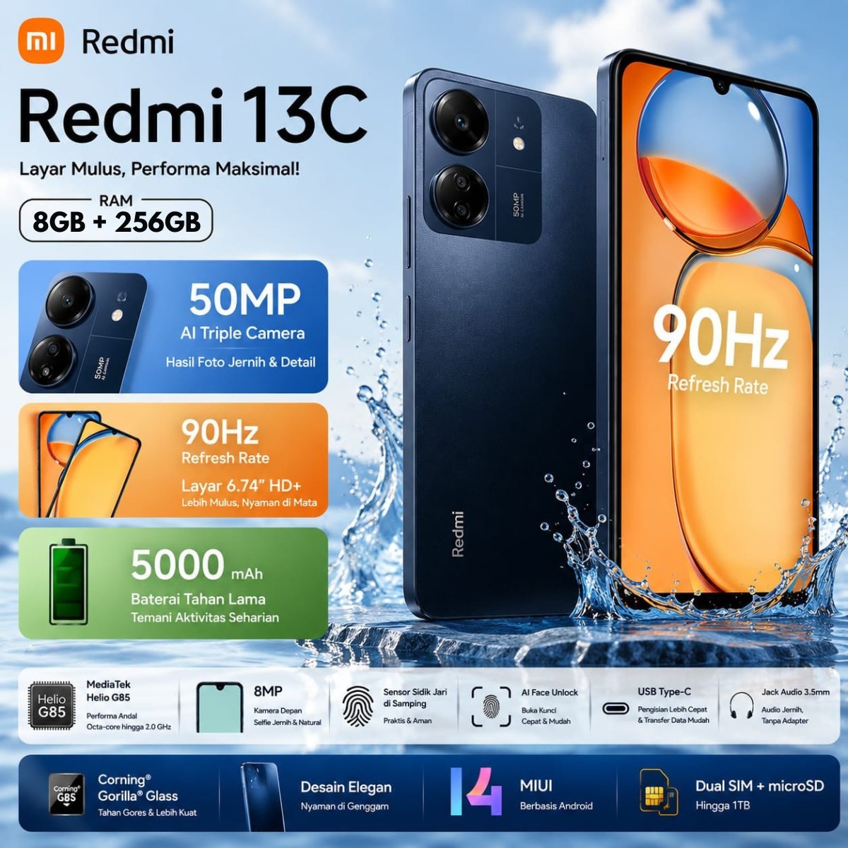 HP Xiaomi Redmi 13C Ram 8Gb + Rom 256GB Jaringan 4G NEW BNIB Second Fullset Garansi 1 Tahun Original