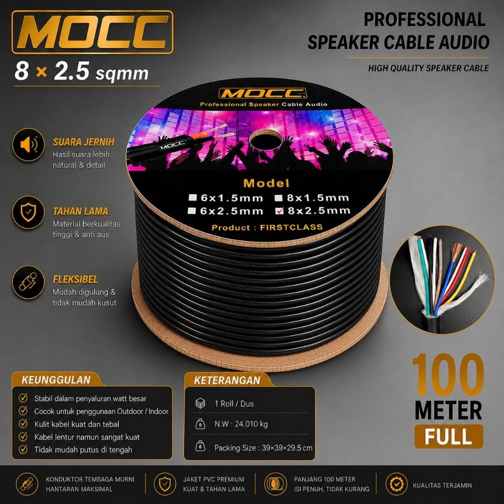 Kabel Speaker Audio MOCC 8 X 2.5 MM Tebal dan lentur original kabel audio 8 serabut 8x2.5