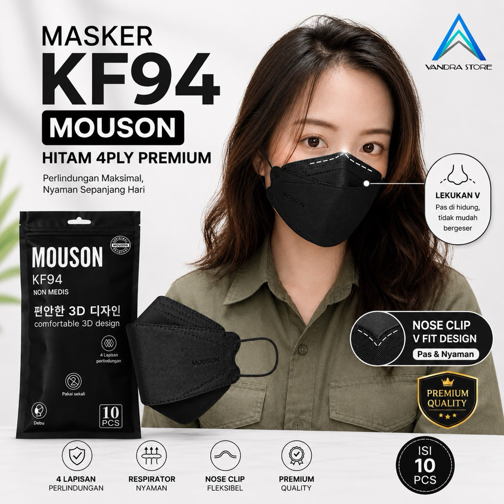 Masker KF94 4 Ply Warna Isi 10 PCS – Filtrasi Maksimal, Nyaman, Tali Kuat