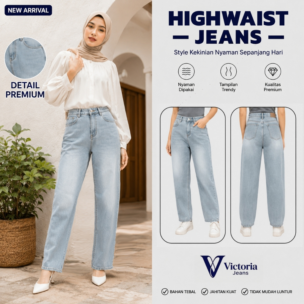 Victoria Jeans | Celana Jeans Wanita High Waist Straight Leg Long Pants Warna Biru Muda Model Terbar