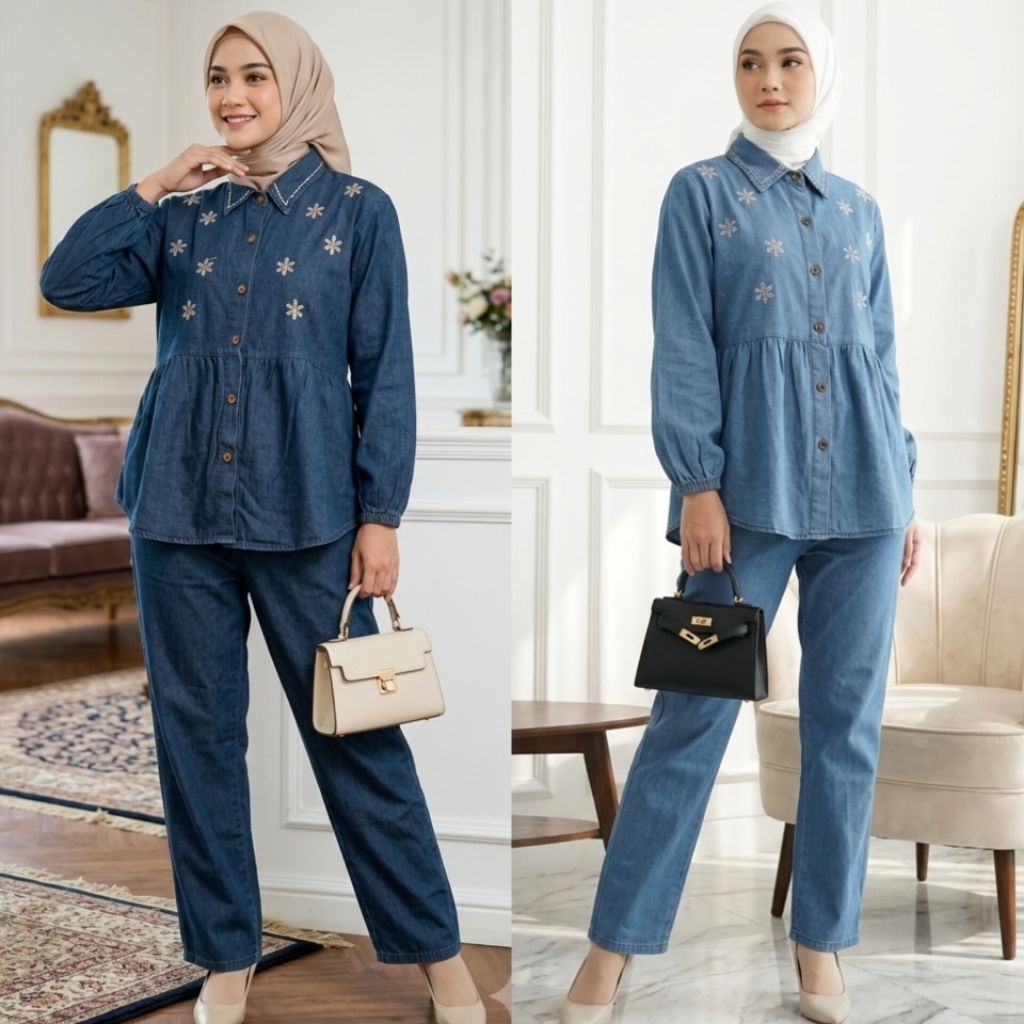 Setcel jeans/levis wanita kekinian atasan kekinian dengan bordir bunga&kupu² terbaru