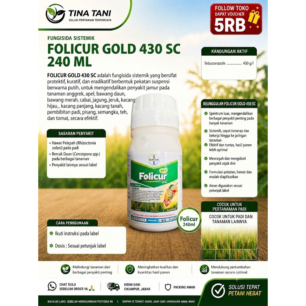 FOLICUR GOLD 430 SC 240ml | Fungisida Tebukonazol Sistemik Hawar Pelepah Bercak Daun Padi Cabai