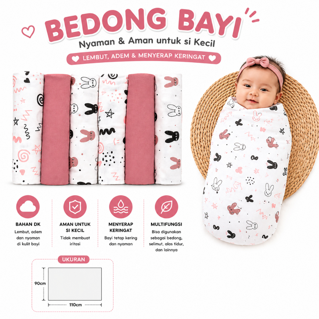 6pcs Bedong Kaos Motif Ukuran 90x110cm