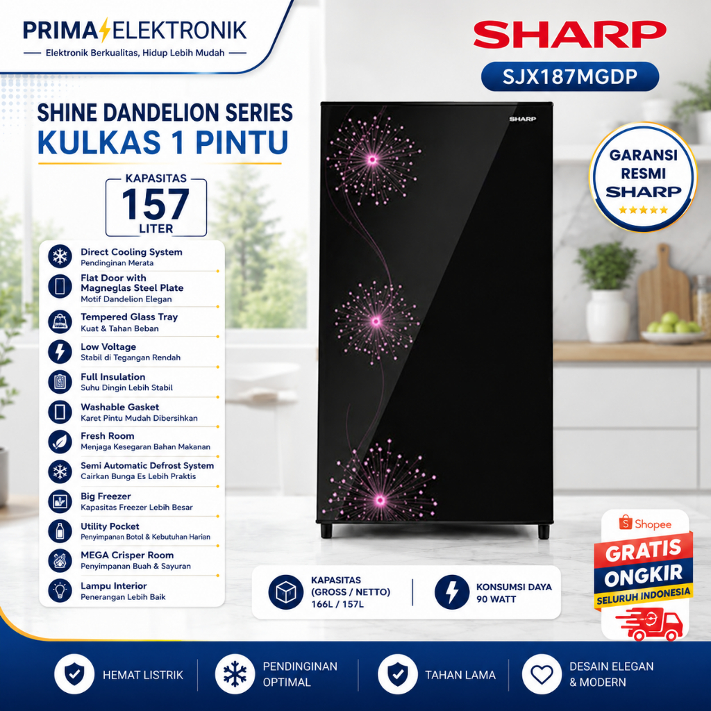 SHARP KULKAS 1 PINTU SJX187MDGP 128L/SJX-187MDGP/SJX 187MDGP/SHARP KULKAS 1 PINTU/SHARP KULKAS LOW W