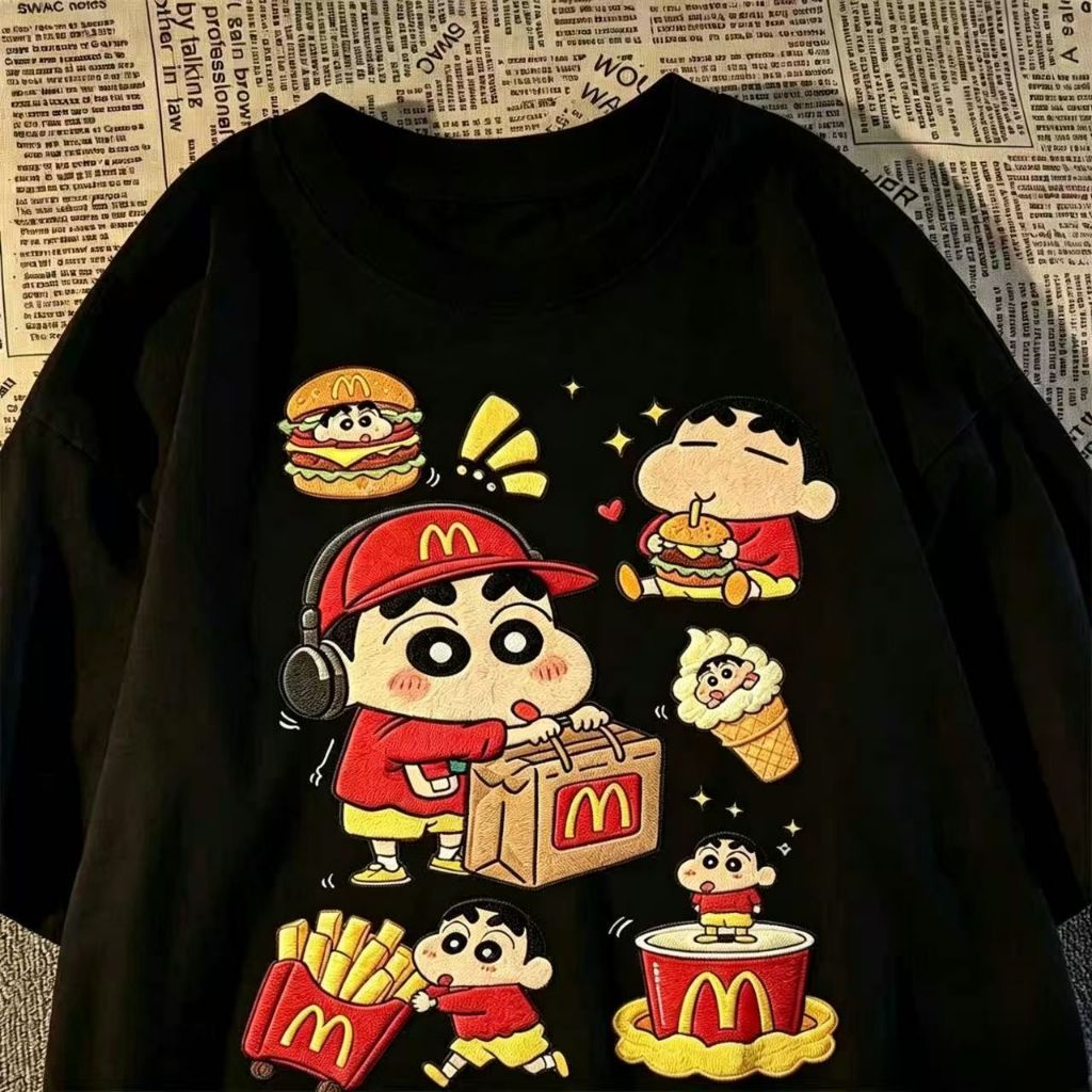 Kaos dan Kaos Polo Shin Chan kolase makanan cepat saji Mcdonald bordir kartun lucu di dada, Kemeja k